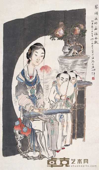 沈心海 1925年作 琴滒永好 立轴 50×82cm